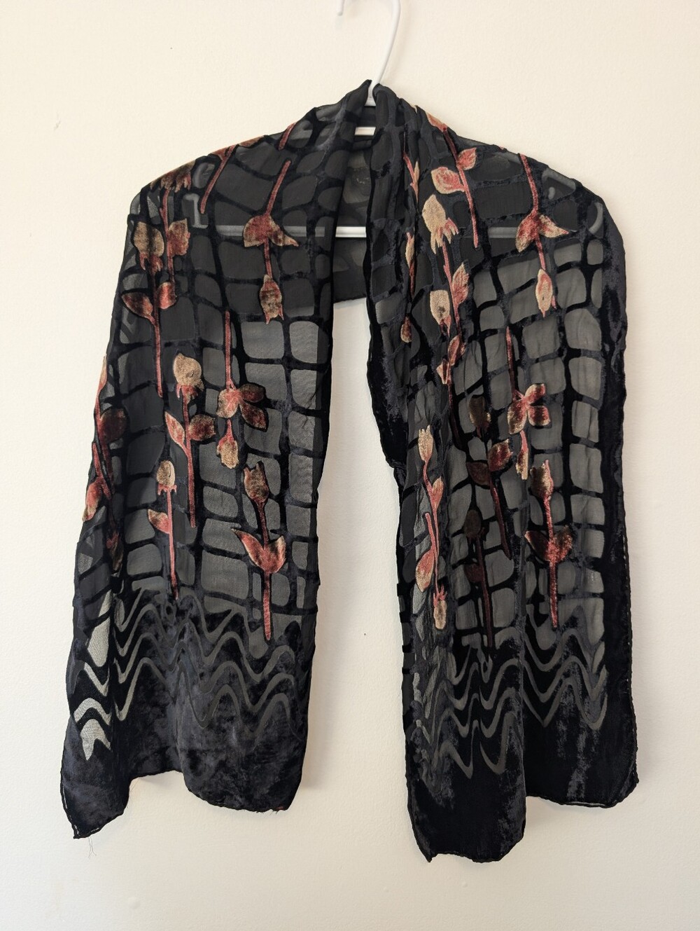 100% Silk Velvet Burnout Scarf Black Bronze Floral Rose Grid Devore Wrap Shawl